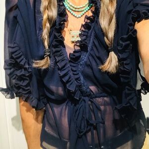 Pretty Sheer Navy Ruffle Top by PRESS Size Medium